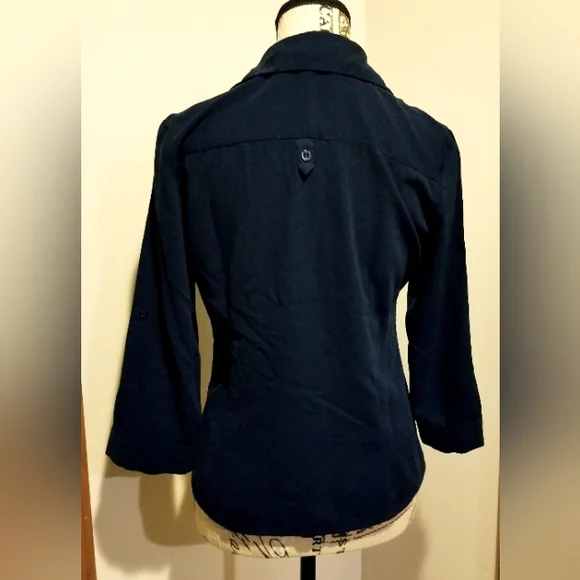 Laura Scott Navy Blue 3/4 Chiffon Sleeve Buttoned Blouse Career Office Casual PS - Picture 2 of 8